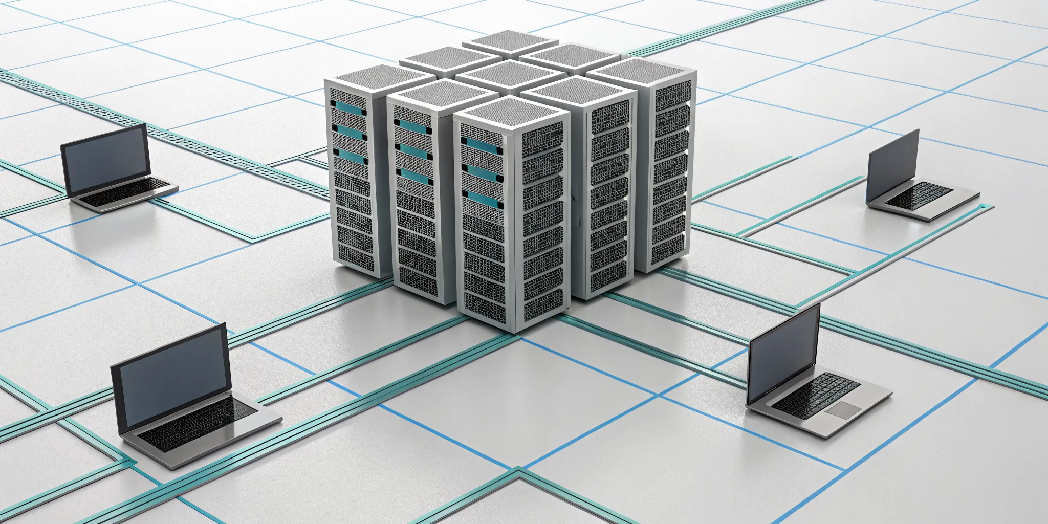 Scalable stateless API architecture with server racks connected to client laptops.