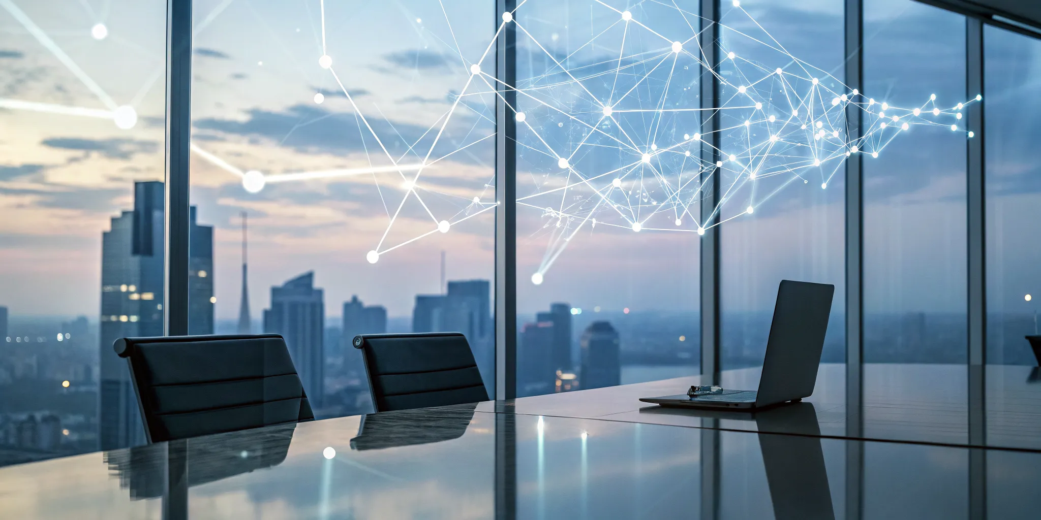 Digital network connections linking systems over a city skyline for distributed computing software.