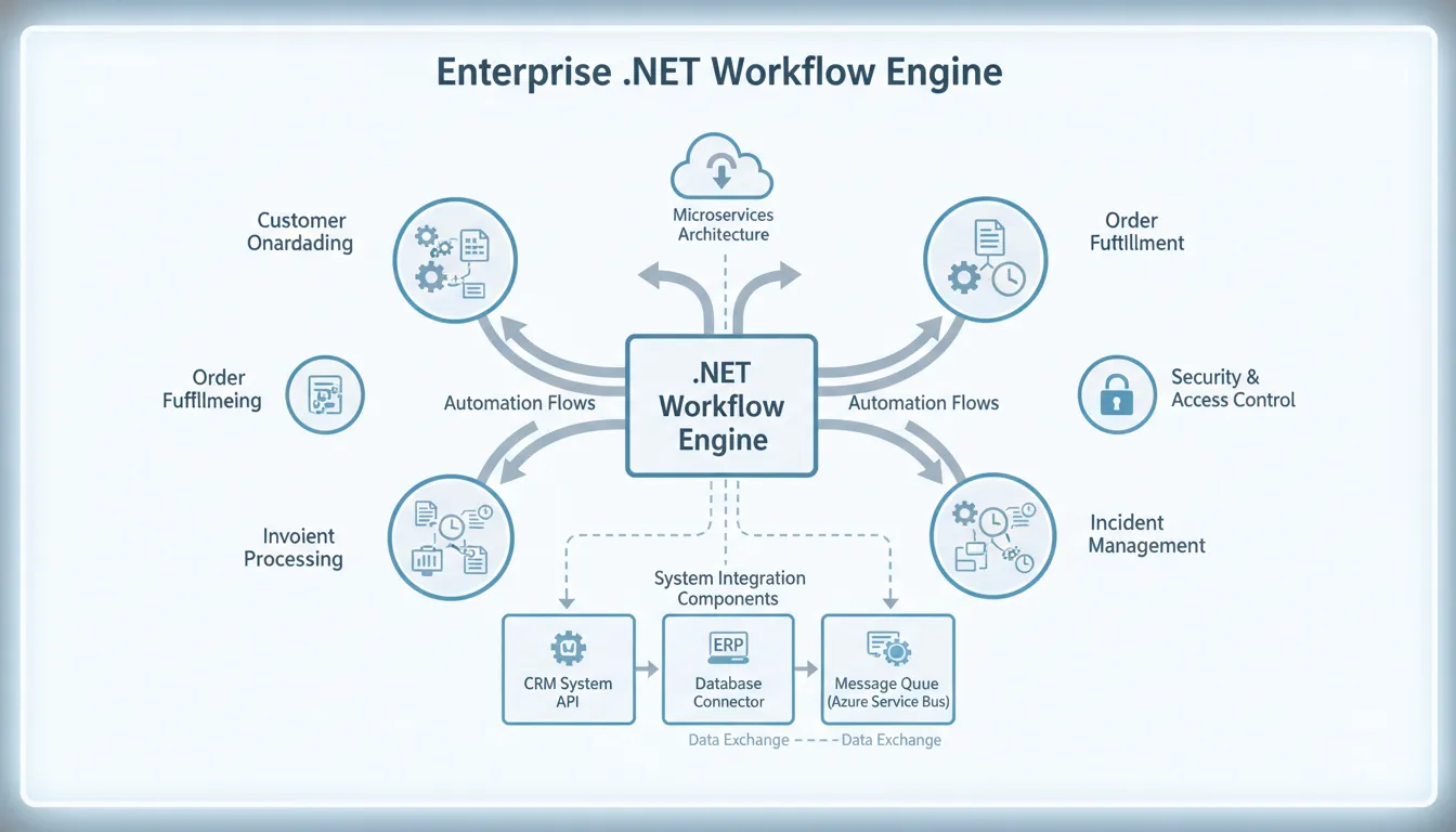 .NET workflow engine enterprise architecture diagram showing connected processes and automation flows