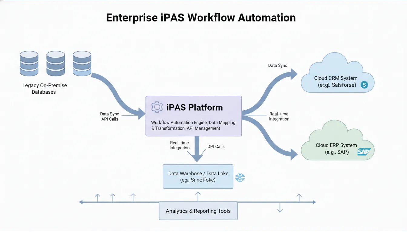 Architecture diagram showing iPaaS workflow automation bridging legacy on-premise databases with cloud applications through a central integration hub