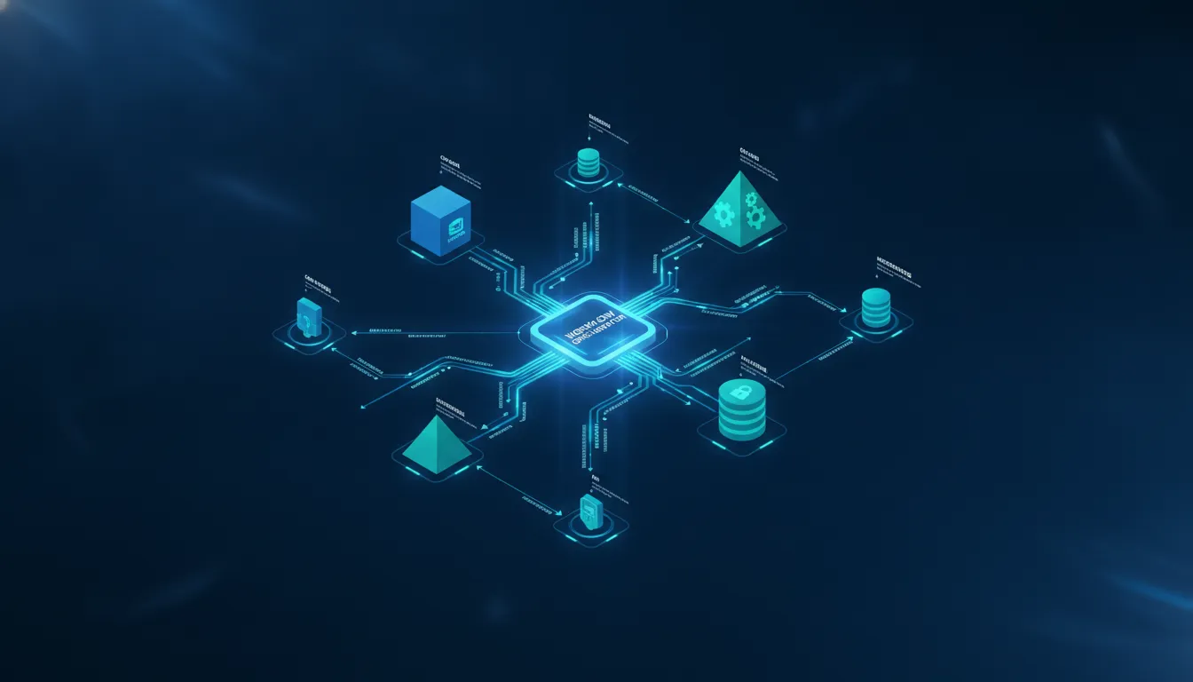 Enterprise workflow automation system with event-driven architecture connecting CRM, ERP, and databases through a central message bus