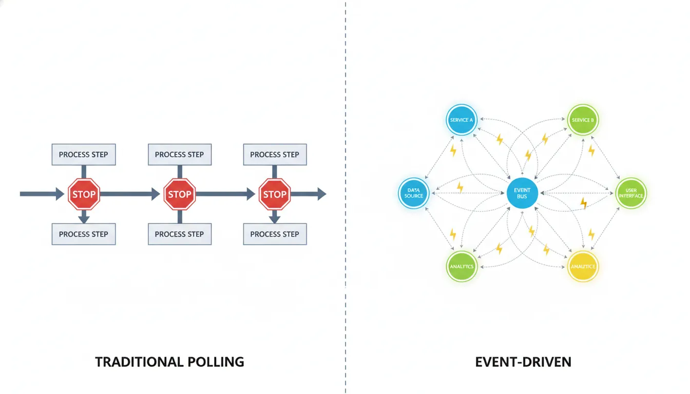 Comparison diagram showing traditional polling-based workflow on the left versus event-driven workflow on the right, illustrating the architectural difference