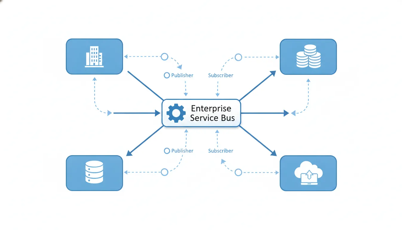 Architecture diagram showing an Enterprise Service Bus connecting CRM, ERP, database, and web applications through event-driven message flows with publish/subscribe routing