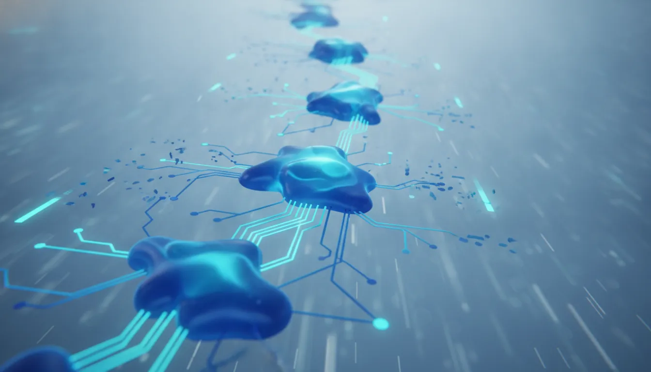 Abstract visualization of morphing interconnected workflow nodes with branching pathways representing runtime process adaptation