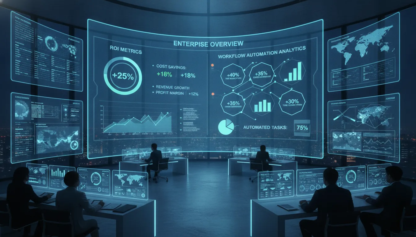 Enterprise dashboard showing ROI metrics and workflow automation analytics charts