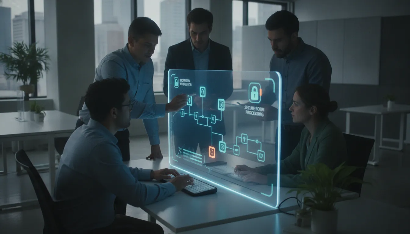 Government IT team collaborating on automated workflow implementation and digital form design