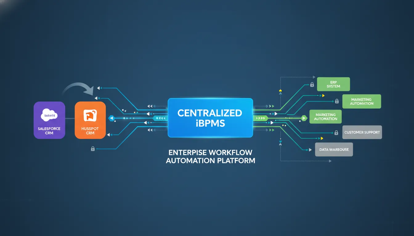 CRM workflow automation data flow diagram connecting Salesforce and HubSpot through a centralized iBPMS platform