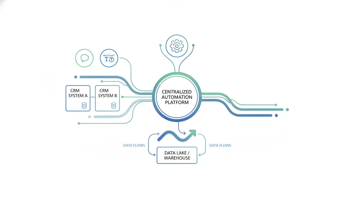 Enterprise integration framework showing connected CRM systems, messaging platforms, and workflow automation hub