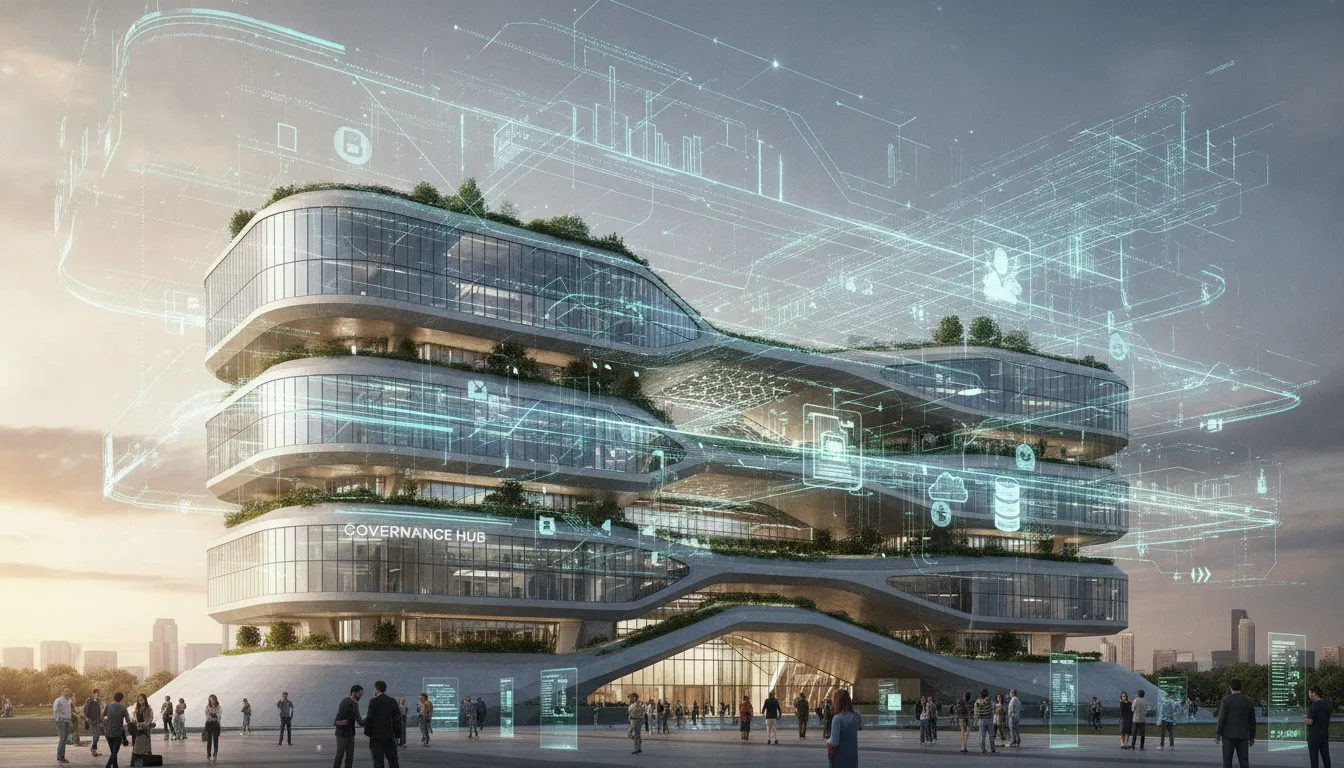 Modern government building with digital workflow automation connections showing transformation of public services