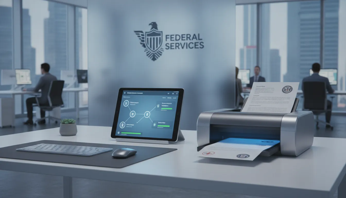 Government office desk with tablet showing workflow automation dashboard