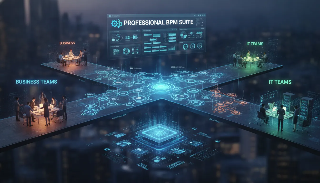 Digital transformation concept with low-code workflow automation connecting business and IT teams
