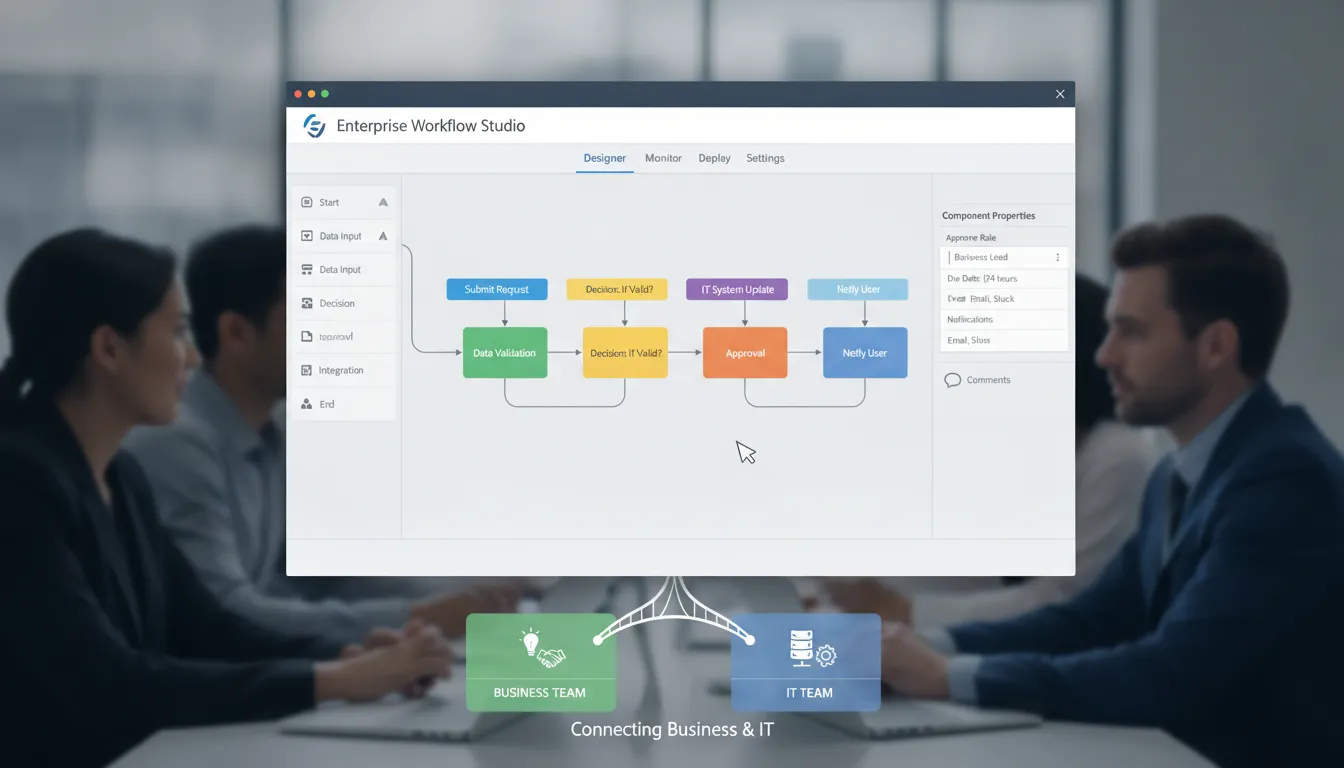 Visual low-code workflow designer interface showing drag-and-drop process builder for enterprise automation