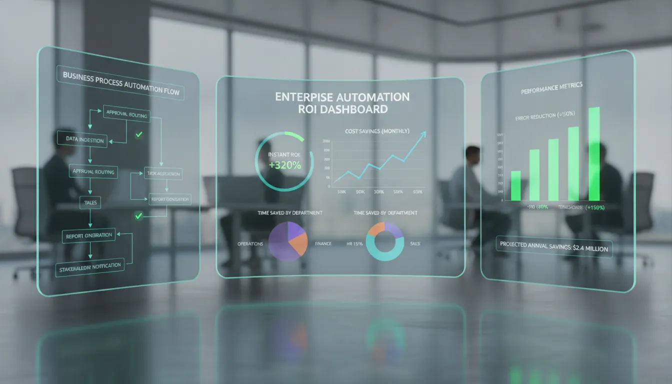 Enterprise workflow automation ROI dashboard showing business process metrics and performance charts