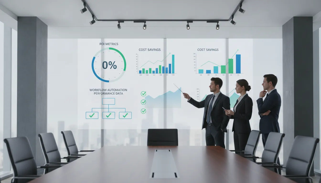 Enterprise executives reviewing workflow automation ROI dashboard and cost savings metrics in a modern boardroom