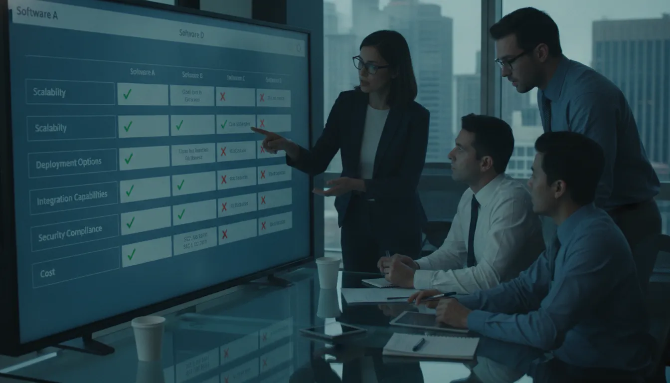 Enterprise architect team evaluating workflow automation software on a comparison dashboard