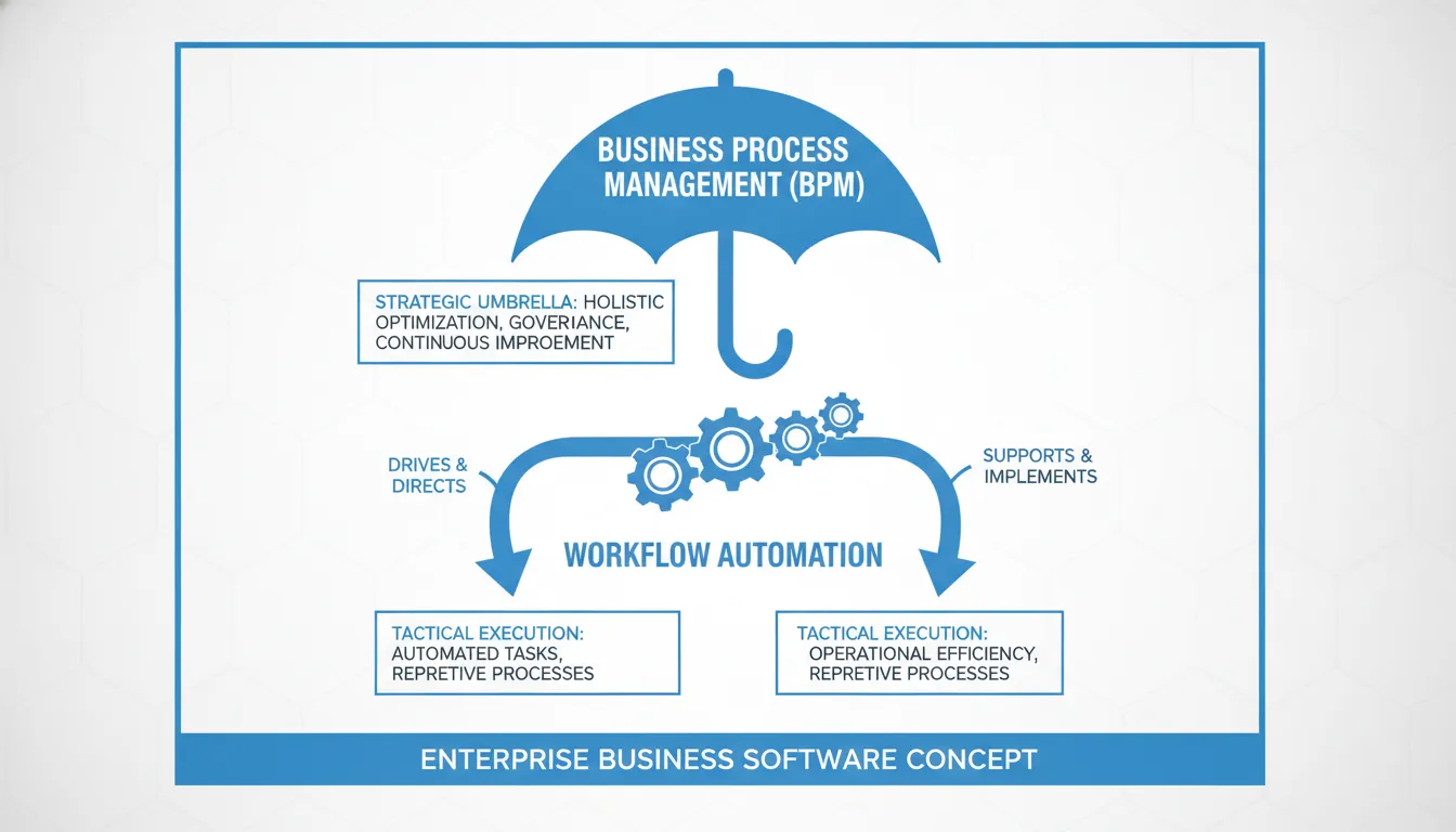 Comparison diagram showing BPM as a strategic umbrella and workflow automation as tactical execution components