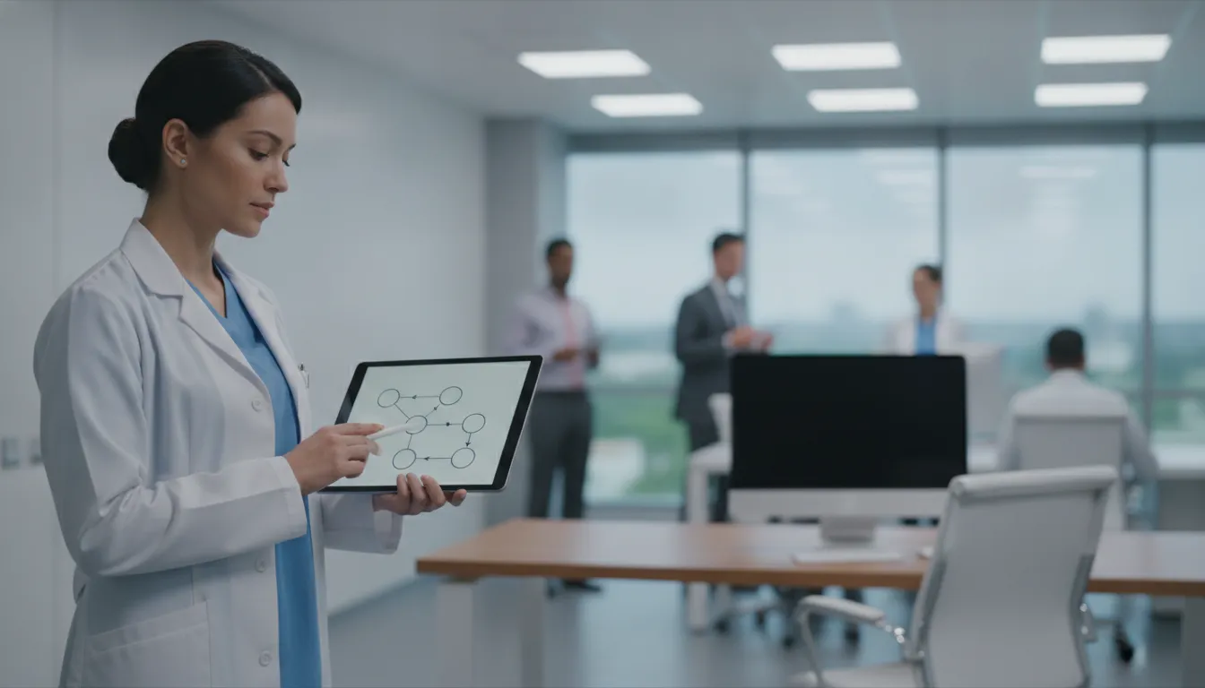Healthcare professional reviewing workflow process documentation on a tablet in a modern hospital administration office