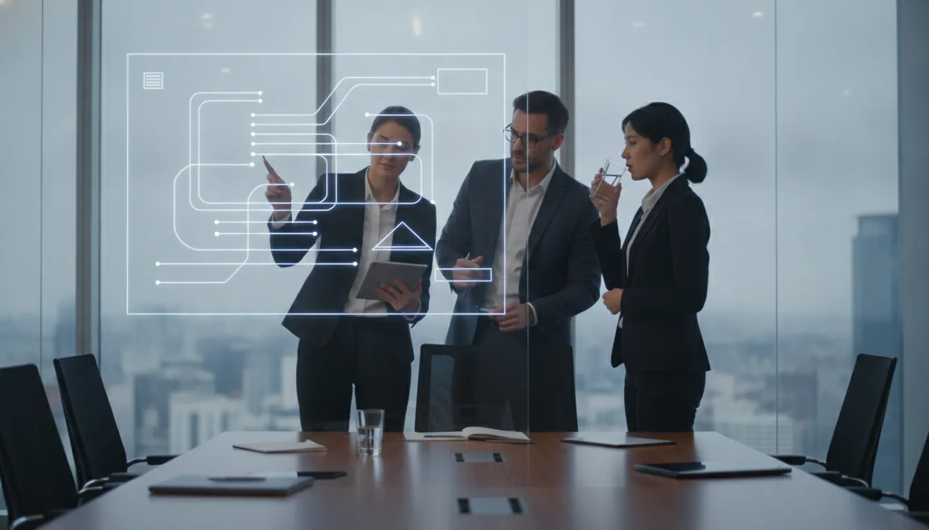 Enterprise architects reviewing an integration architecture diagram on a screen in a modern meeting room