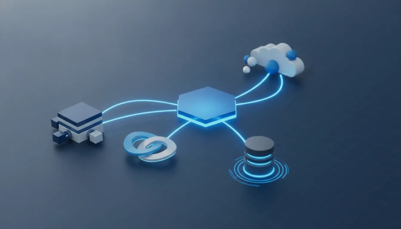 Architecture diagram showing enterprise systems connected through a centralized integration hub