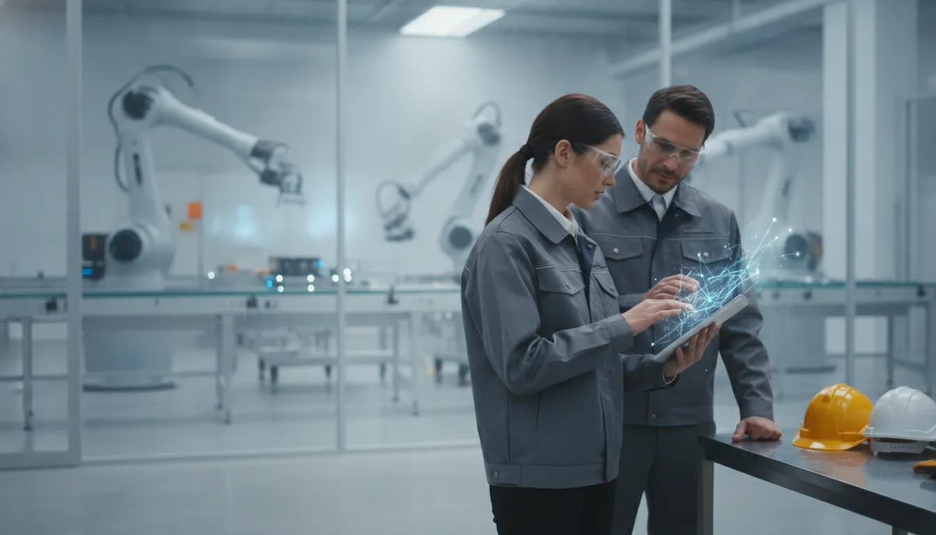 Production engineer reviewing automated workflow data on a tablet in a modern manufacturing facility