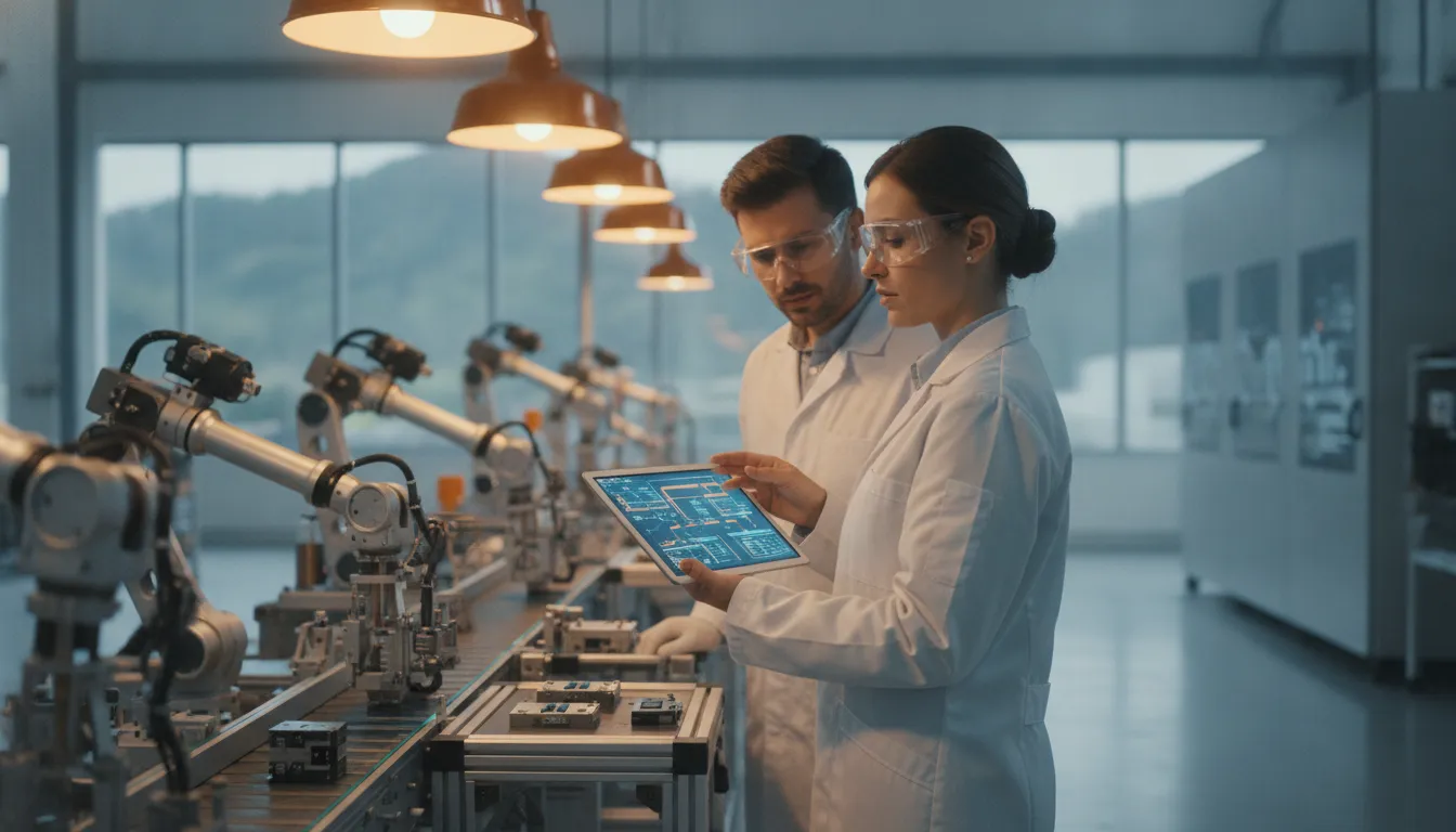 Quality engineer reviewing production workflow data on a tablet near a factory assembly line