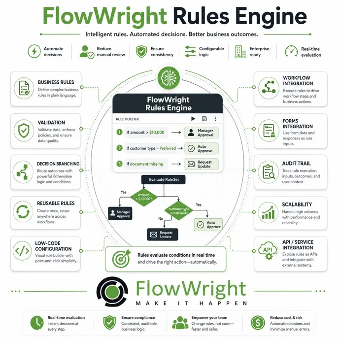 FlowWright rules engine interface showing visual designer with decision tables and conditional routing configuration