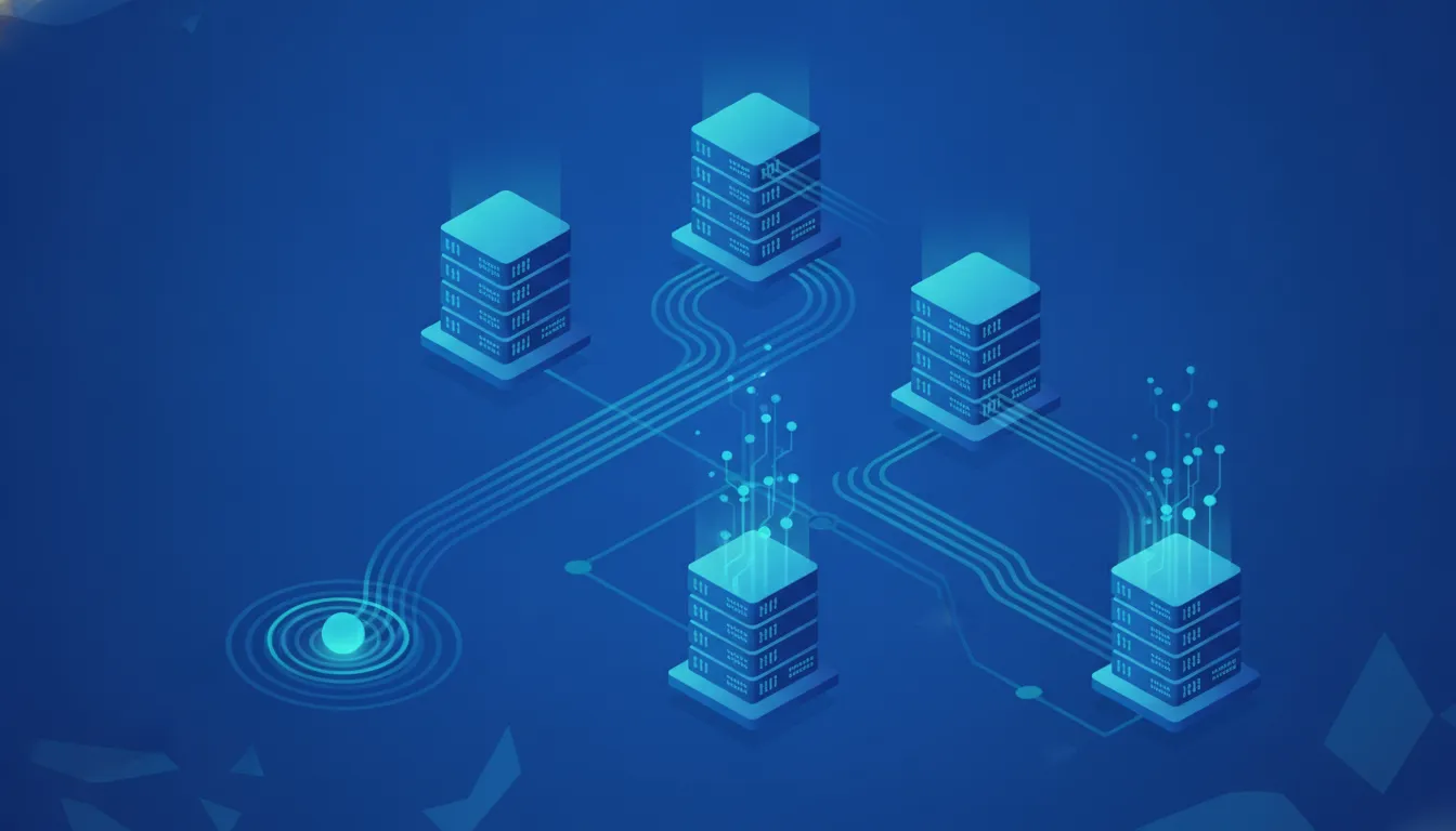 Abstract visualization of interconnected enterprise servers and distributed workflow data flow