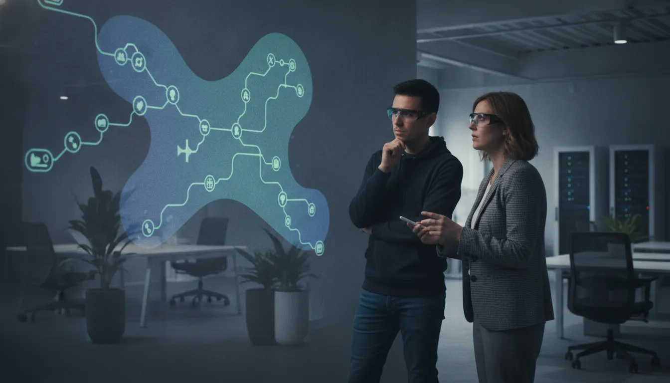 Developer and workflow architect reviewing a branching process map for visual debugging