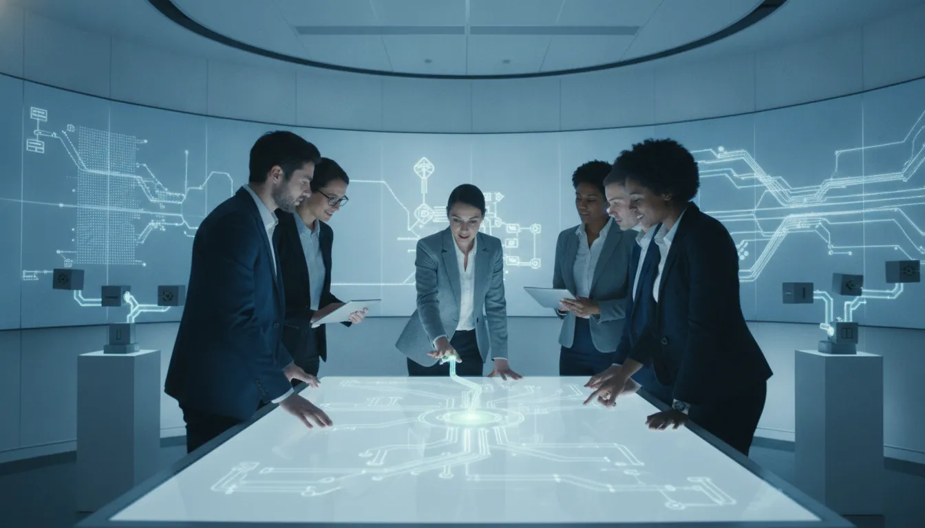 Enterprise process architect guiding a team through AI-assisted workflow automation in a modern operations center