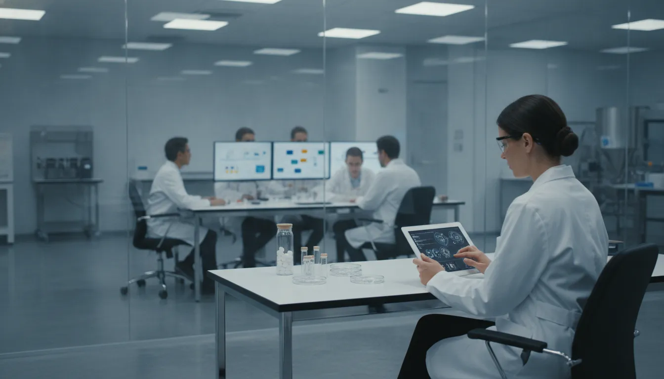Quality assurance scientists reviewing electronic batch records and process data in a pharmaceutical laboratory