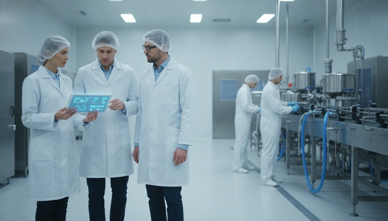 Pharmaceutical quality team reviewing process steps with digital records on the production floor