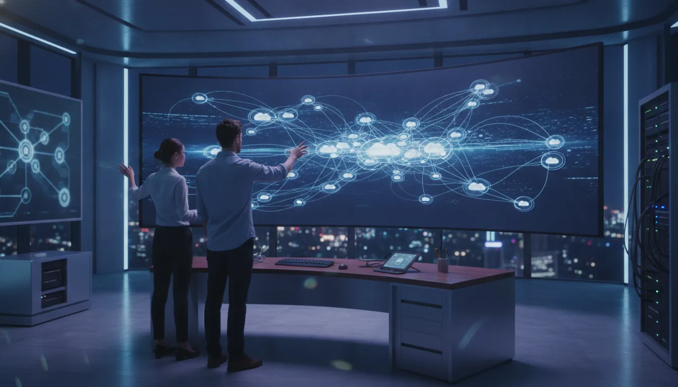 Software architects reviewing a connected network of cloud-native microservices orchestration on a wall display