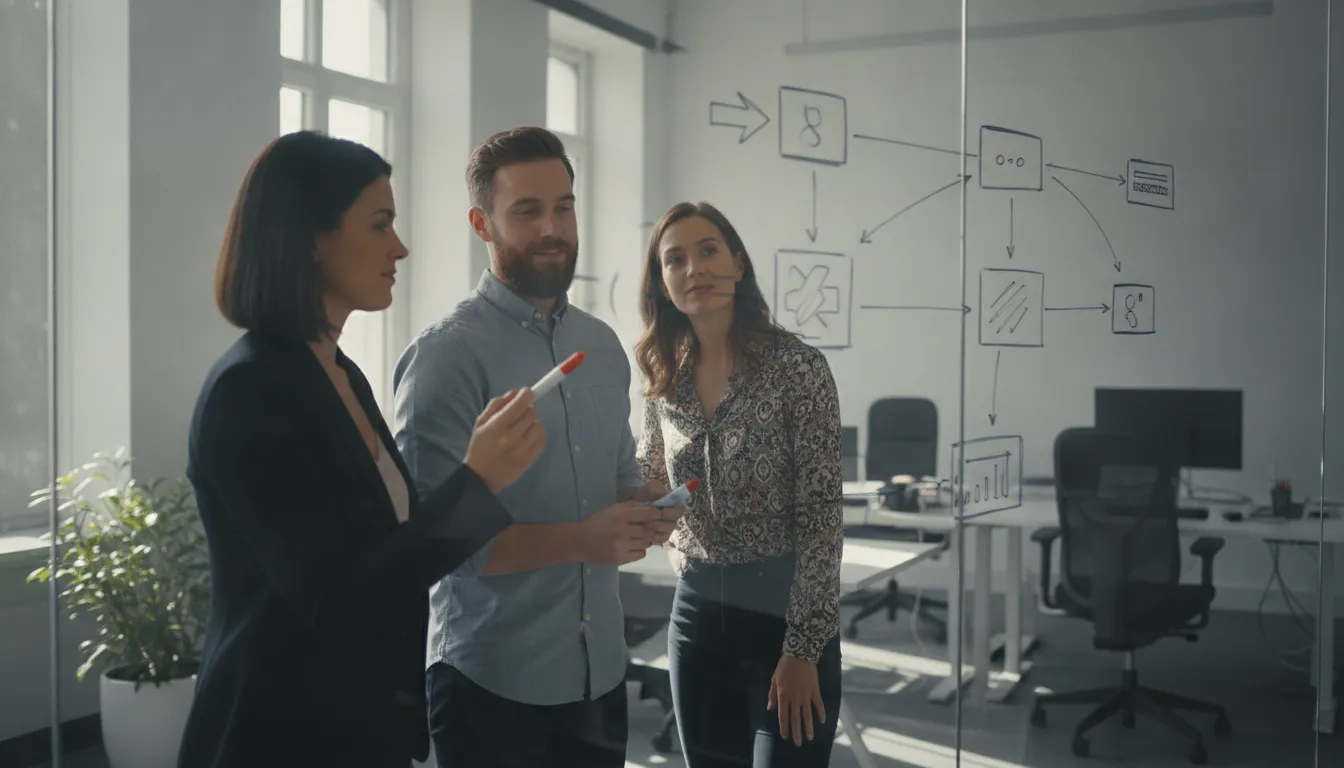 Software architects and a product leader collaborating on a modular software integration flow
