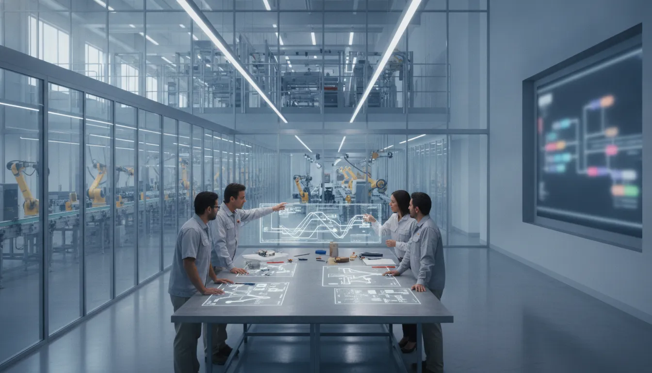 Operations team coordinating workflow between digital screens and physical production in a modern facility
