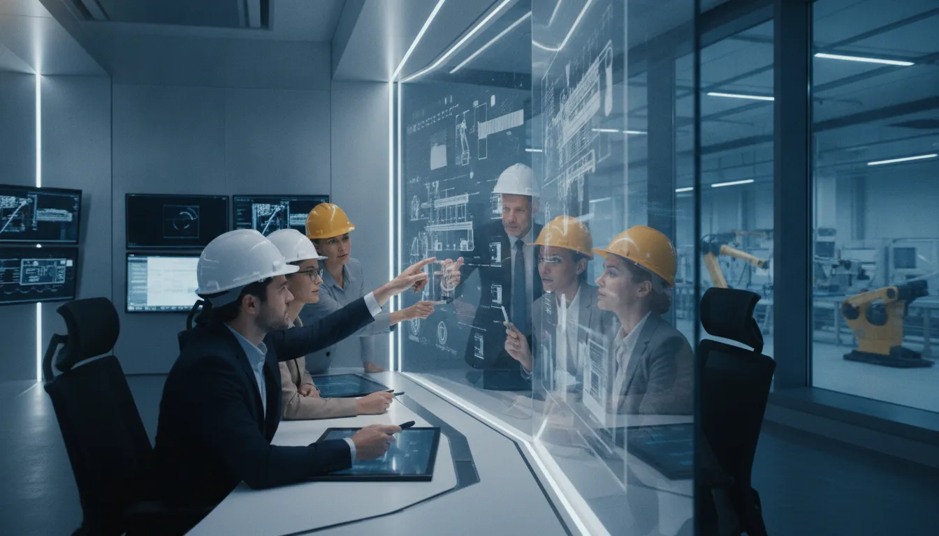 Operations managers collaborating to improve production workflow efficiency