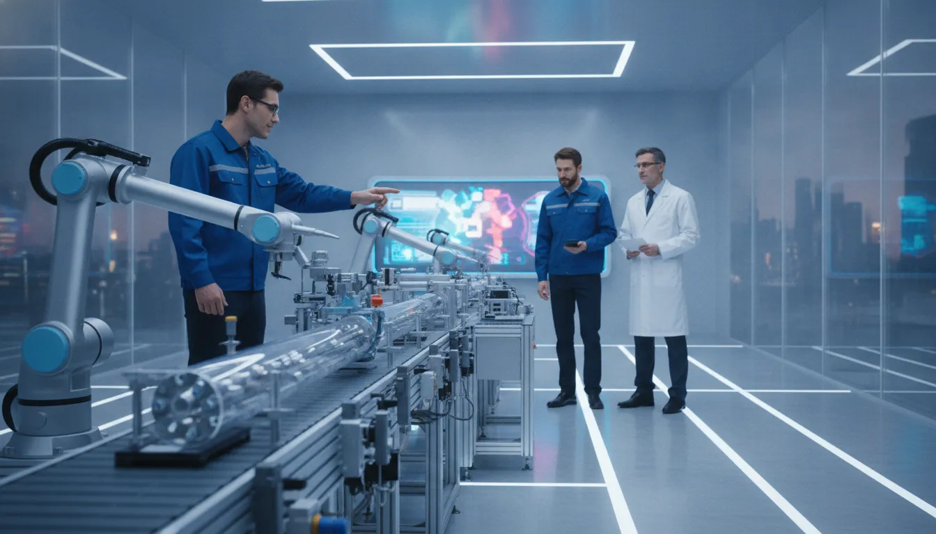 Operations team coordinating an automated workflow in a modern manufacturing facility