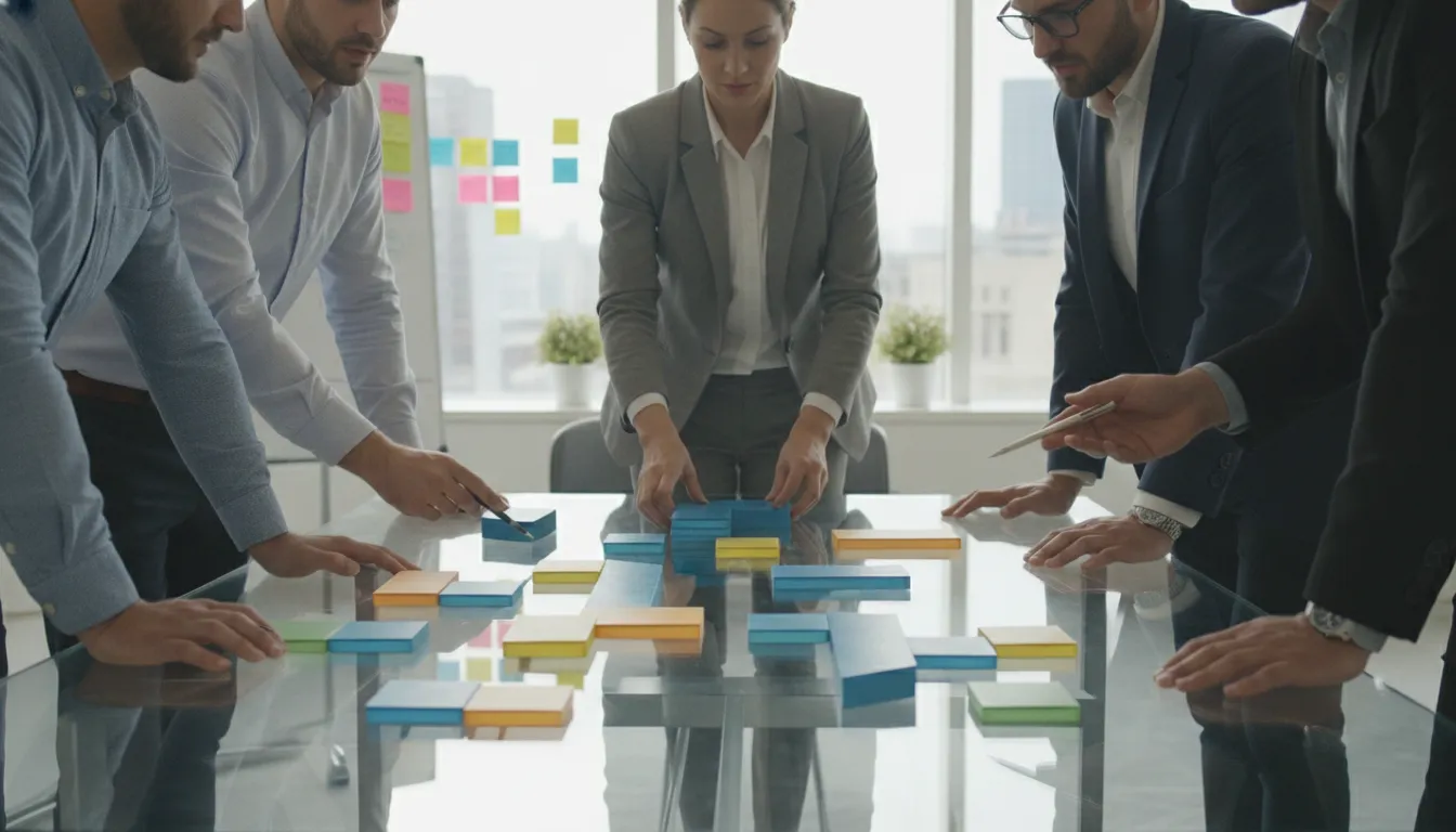 Operations team collaborating on business process mapping in a modern office
