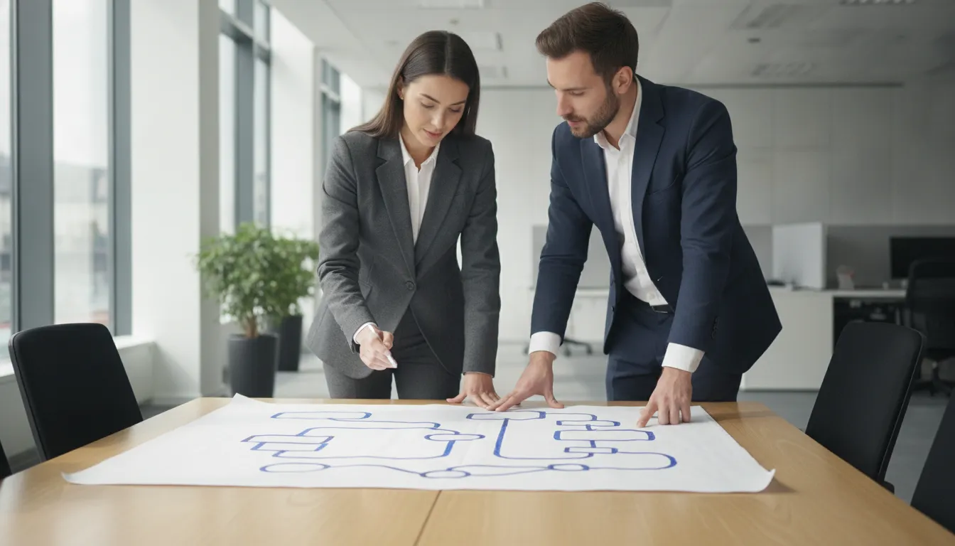 Workflow architects reviewing a process flowchart in a bright modern office
