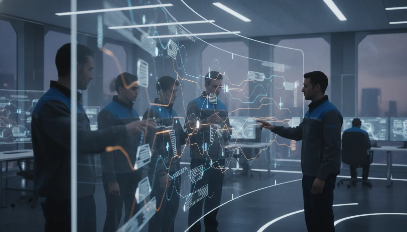 Operations and automation engineers collaborating around a visual process orchestration board in a modern control room
