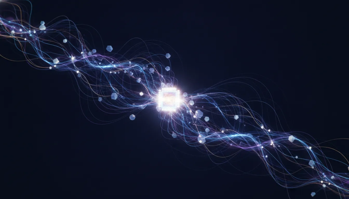 Abstract intelligent process orchestration architecture connecting AI decisions, business data, and governed workflow paths