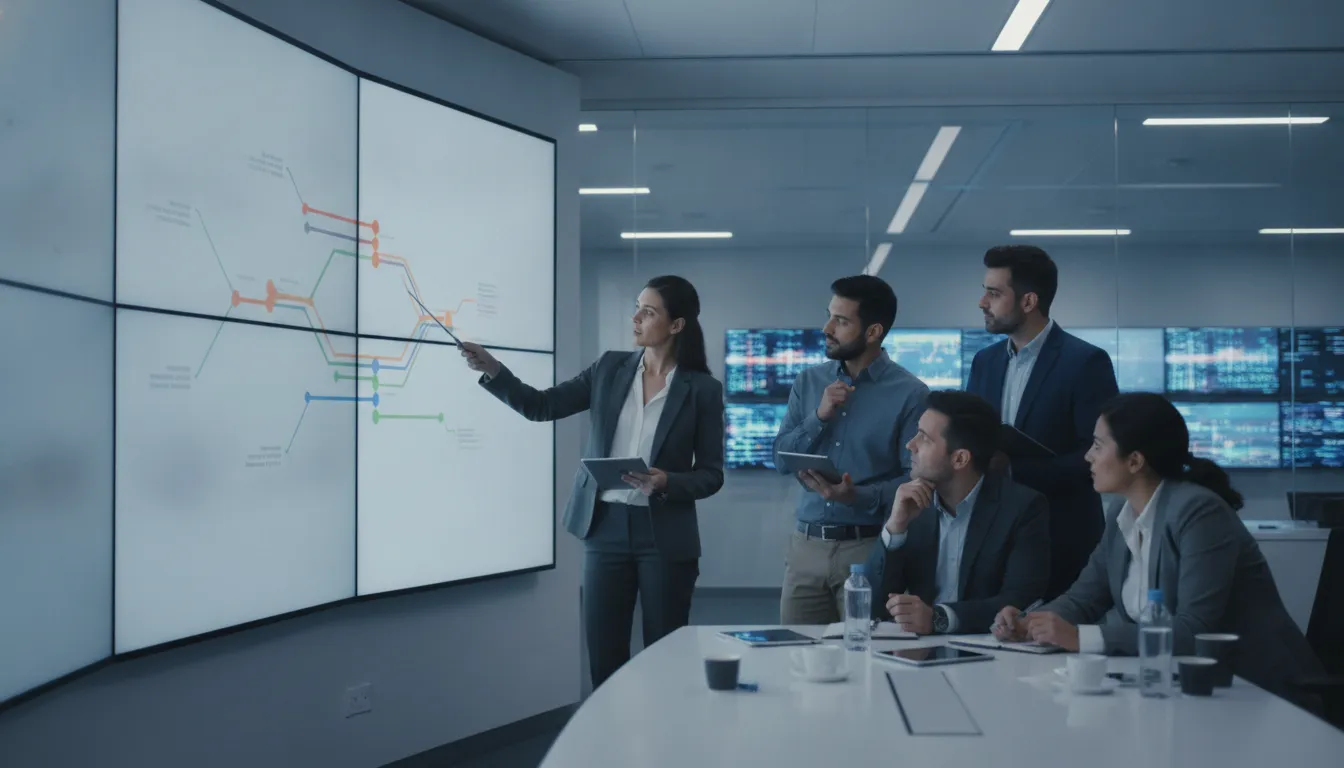Operations team reviewing an automated workflow in a modern control room