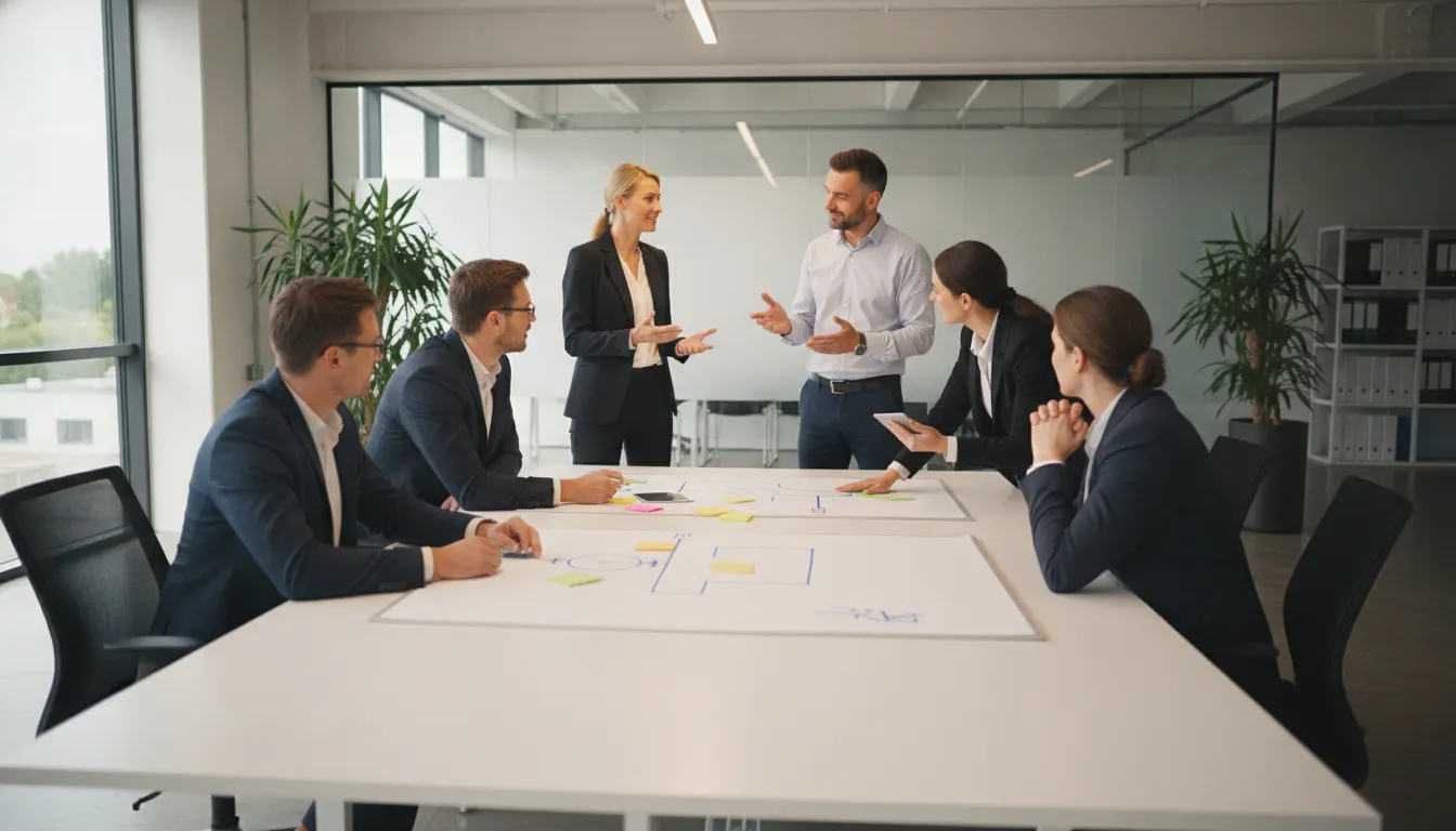 Operations leaders mapping a manufacturing workflow together in a modern office