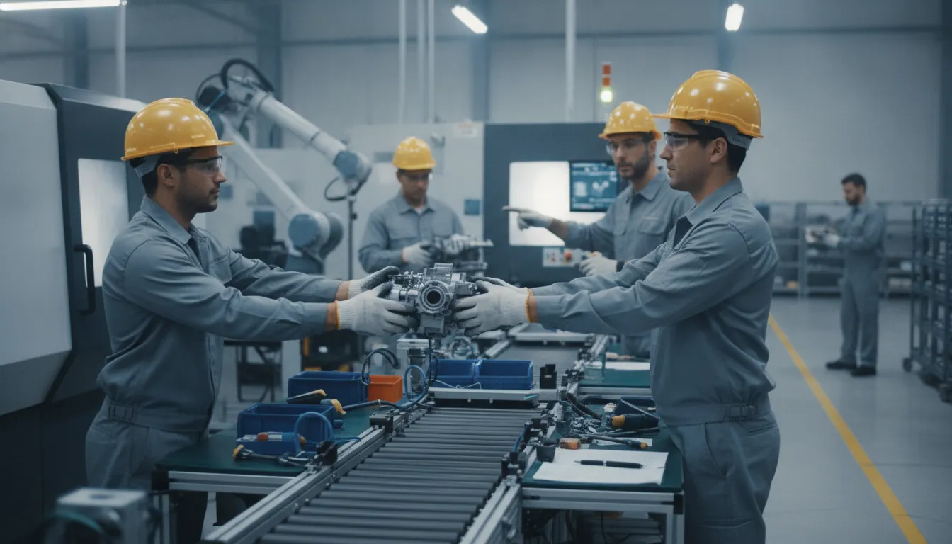 Operators coordinating a sequential production handoff across workstations