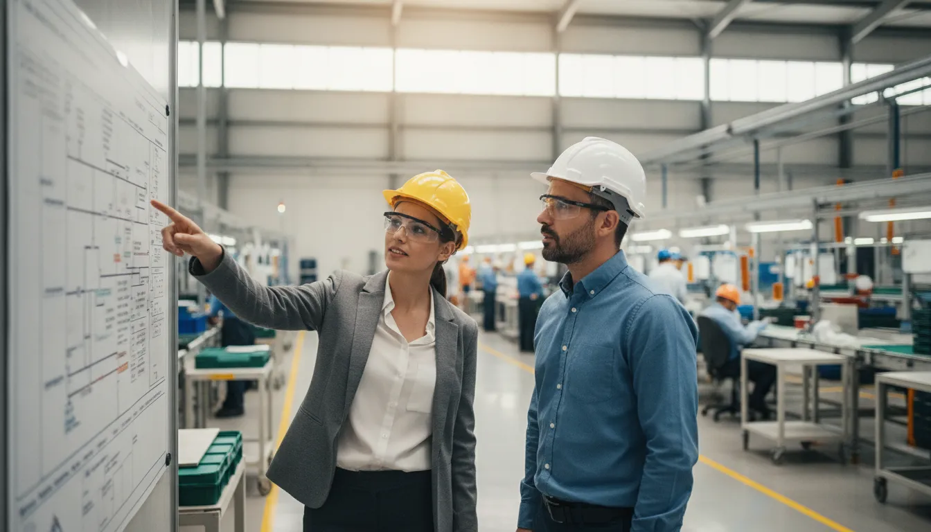 Operations managers coordinating a governed manufacturing workflow, connecting ERP, AI, and workflow tools into one process