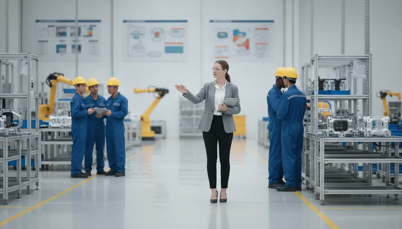 Manufacturing operations leader coordinating a production team on a clean factory floor
