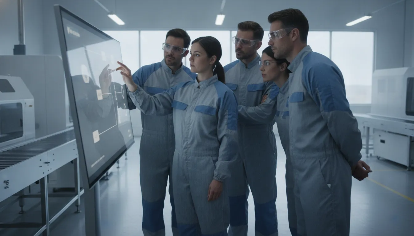 Operations team collaborating around a streamlined workflow display in a modern facility