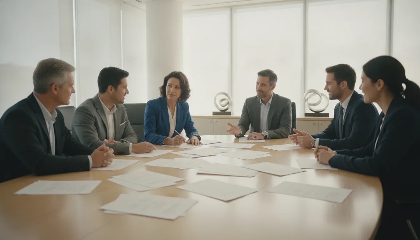 Business professionals reviewing and approving documents together at a conference table