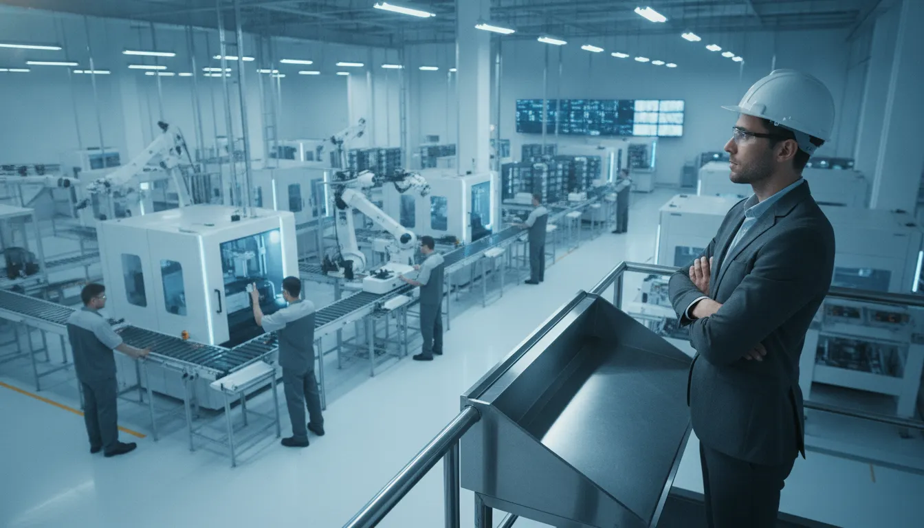Manufacturing operations leader overseeing a busy production floor, coordinating workflows across connected systems