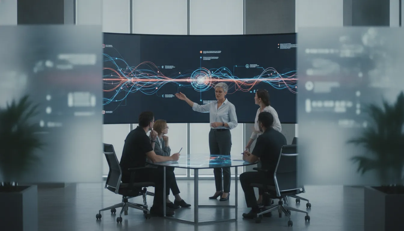 Operations team reviewing connected workflow automation in a bright command center