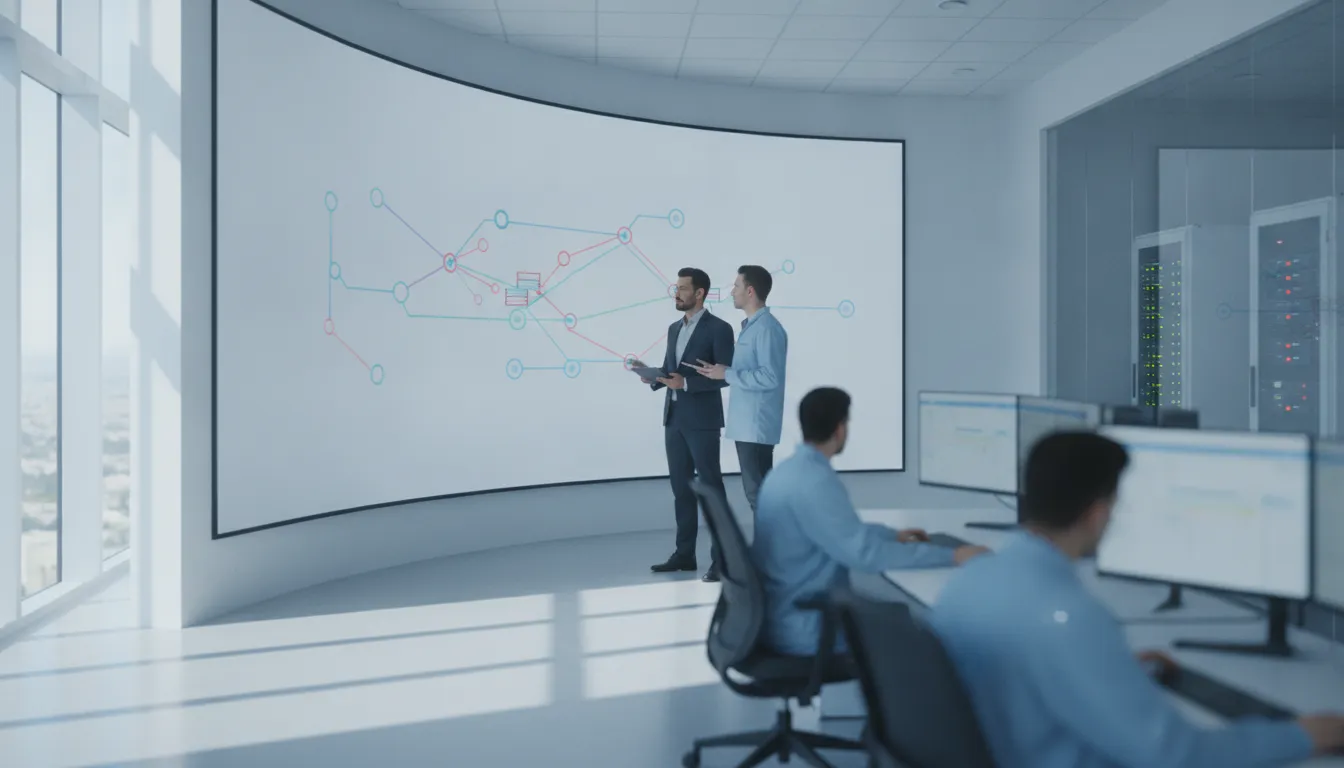Operations manager and process analyst collaborating in a modern manufacturing control room, reviewing process flow on a wall display
